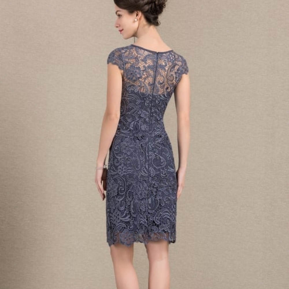 Patra Sheath Scoop Illusion Knee-Length Lace Chiffon Mother of the Bride Dress 6 - Picture 3 of 7
